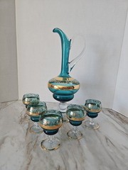 Stunning Venitian Italian Blue 24K Gold Decanter w/5 Wine Glasses No Stopper