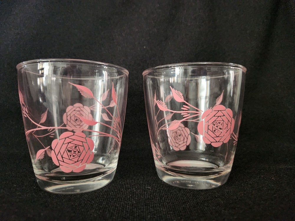 2 VTG 1960s Hazel Atlas Pink Rose Sour Cream Bev Glasses 1/2 Pint