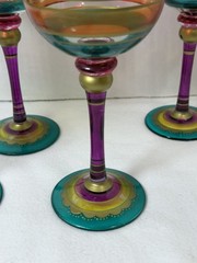 Pier 1 Festive Stripe Hand Painted Wine Glass Set of 4 Jewel Tone Gold Boho