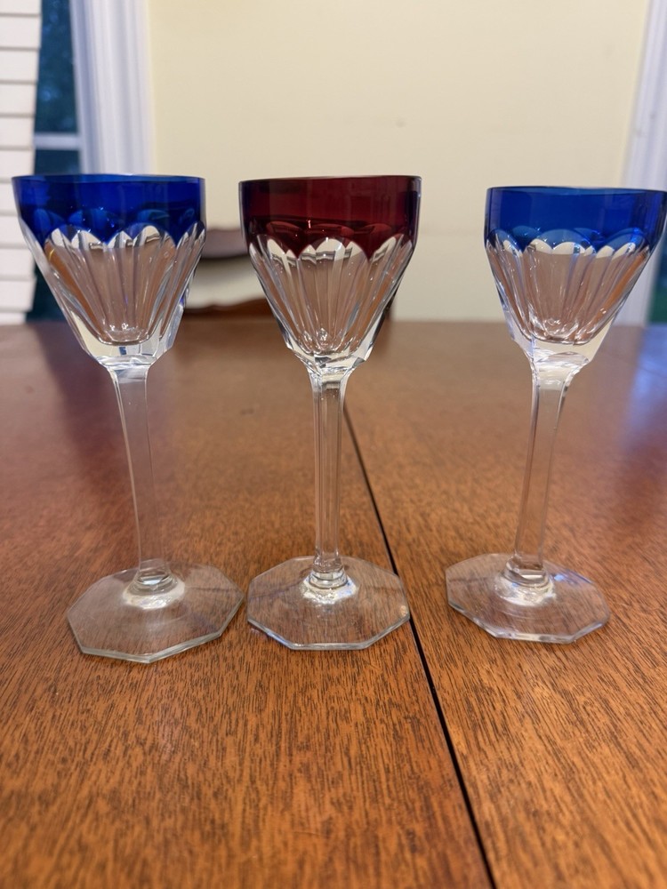 Vintage Cobalt Blue and Red CUT CRYSTAL Glass 4 oz Wine Glass Stemware