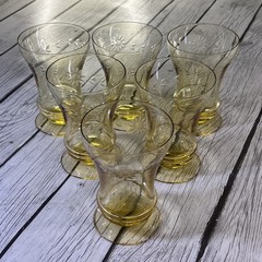 Vintage 1930s Lancaster Glass Co. (6) Jubilee Etched Yellow 5” Footed Tumblers.