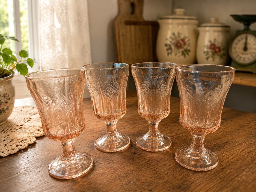 4 Vintage Indiana Glass Pink Madrid Recollection Water Goblet 6 1/2”