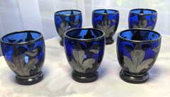 Vintage Nasco Cobalt Blue Liquor Glasses Sterling Silver Flower Overlay Set of 6