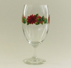 Libbey Poinsettia Flower Holiday Christmas Water Wine Stemmed Goblet 7″ Vintage