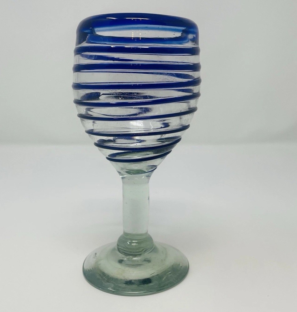 Cobalt Blue Spiral Hand Blown Glass Goblet Wine Bar 6.5in