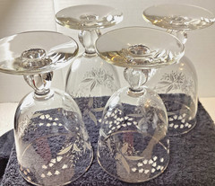Set of 4 MCM Libbey Stemmed Lily of the Valley 5 in. Silver Rimmed Water Glasses