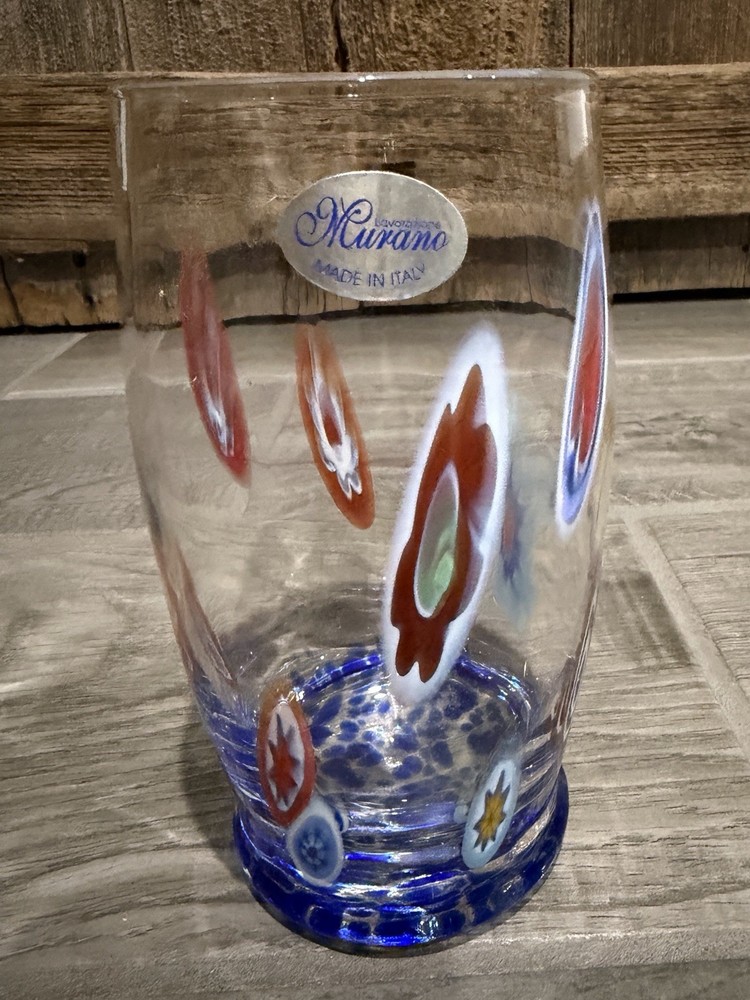 Murano Italy Lavrazione Milleflori 6 1/2 in Drink Glass Multicolor Blue Confetti