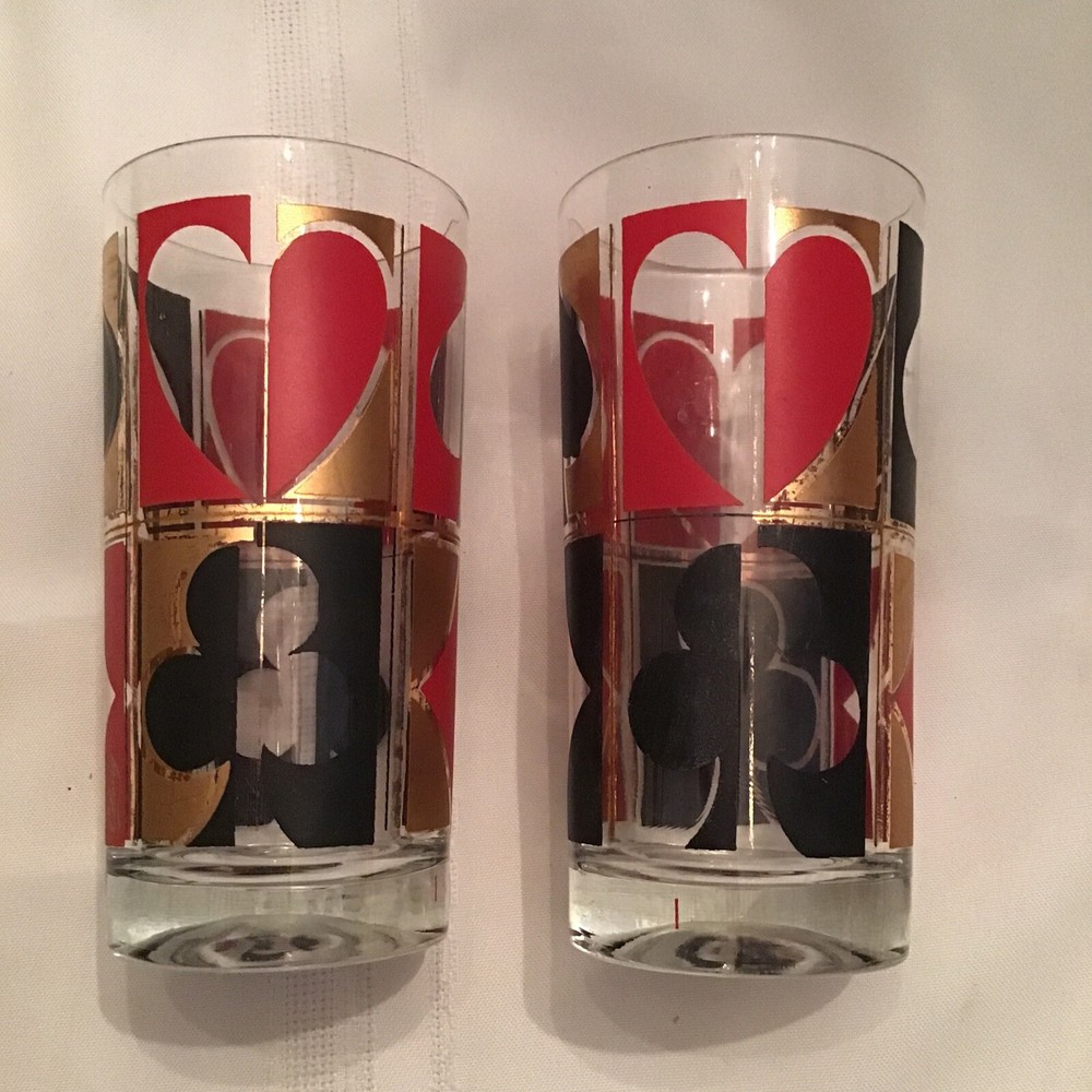 Set of 2 Vintage Colony Highball Glasses Poker Playing Cards Black Red Gold 5.5”