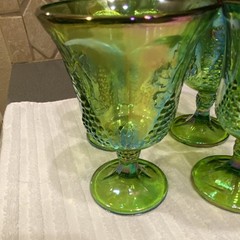 Vintage Set 4 Indiana Carnival Iridescent Lime Green Goblets~Harvest Grape~