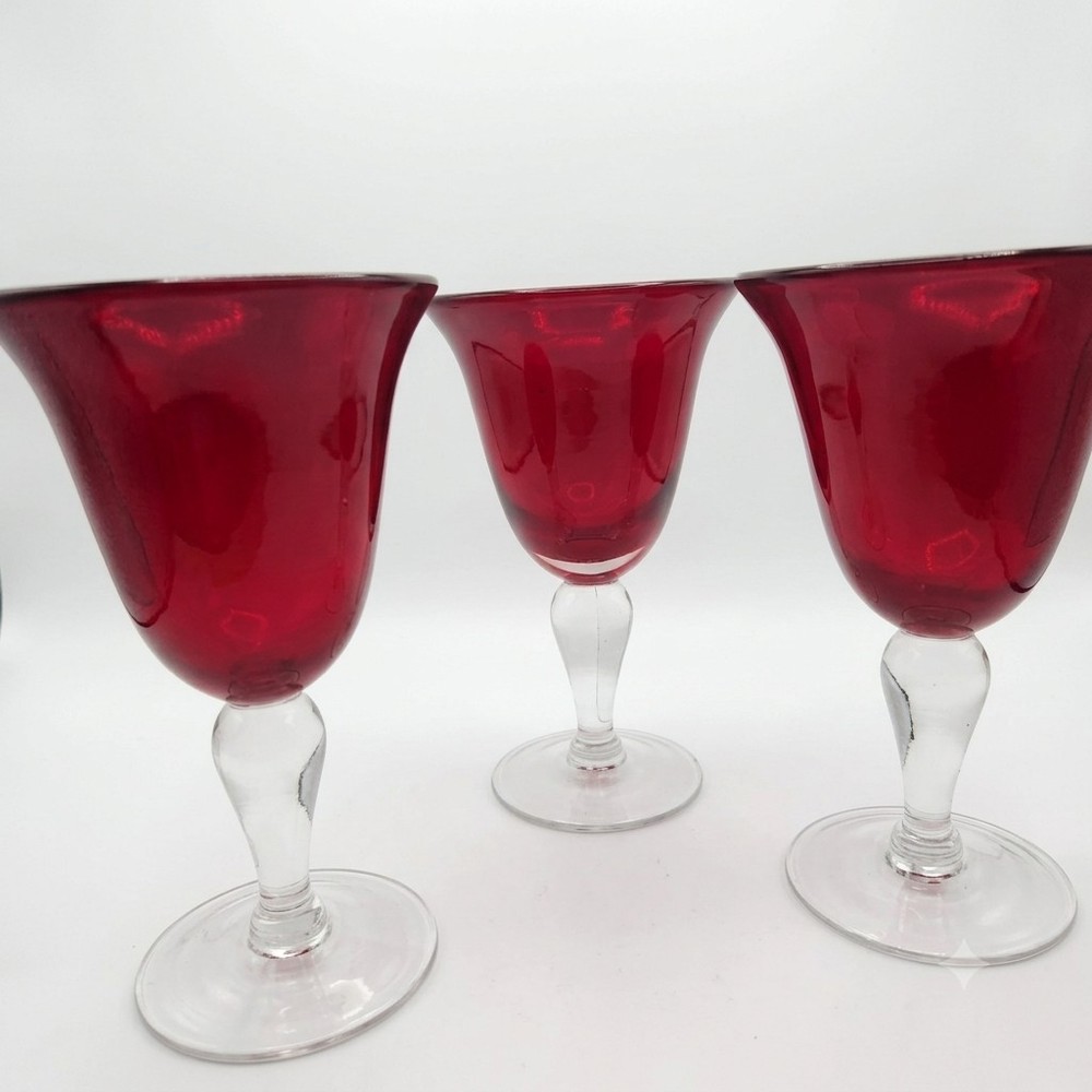 Vintage Set 3 Ruby Red Glass Goblets Clear Stems 7.5” Wine Water Glasses