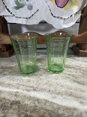 Hazel Atlas Moderntone Green Uranium Glass Tumblers Juice Glasses Set of 2 VTG