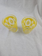 2pc Set Hazel Atlas Vintage MCM Yellow Sunburst Starburst Tumblers Glasses 5″