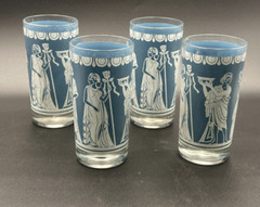 Vintage Mid-Century Greek Blue and White Glasses Set of 4 Tall Drinking Glass