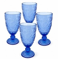 Set of 4 Dark Blue Embossed Glass Goblets – 14.7 oz