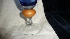#1120 Water GLASS 2 Goblet BLOCK Crystal 7″ T STEMED BLUE w Mustard Gold & Clear