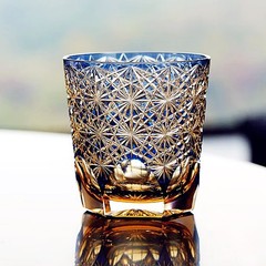 Edo Kiriko Whisky Glass Hand Cut Crystal Blue Daisy Design 11oz – Gift Boxed