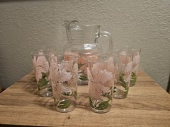 Vintage Glass Tumbler Pink Green Iris Flower MCM 16oz Glasses Set 6 64oz Picher