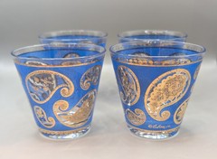 Culver MCM On The Rocks Low Ball Blue Paisley Glasses 22 K Gold Vintage Set Of 4