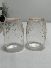 Set Of 2 MacBeth Evans Pink Depression Crystal Leaf Juice Tumbler Glasses 3.5” T