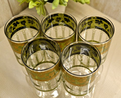 Vintage Cera Glass Water Goblets Grecian Green 22K Gold Grapes Set of 5
