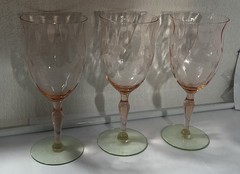 3 Vintage Louis Weston Depression Glass Watermelon Pink/Green Etched Wine/Waters
