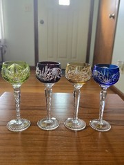 Vtg Lead Set of 4 Crystal Colored Bohemian Glass Cut to Clear Wine Goblets 5″