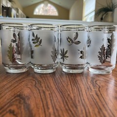 8 Mid Century Glasses Tumblers Metallic Libbey Vintage Frosted Leaf Silver 4.5″
