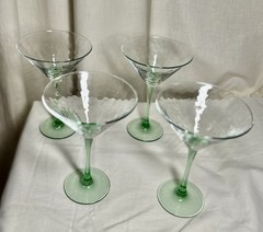 Mid Century Retro Four Tinted Green Vintage Martini Goblets/Glasses Set