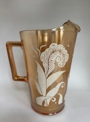 Vintage Marigold Carnival Glass With Painted White Feathers & Leaves w/ice Lip