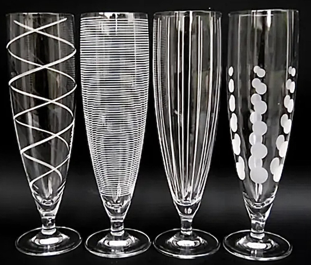 Set of 4 Mikasa Cheers Crystal Pilsner Glasses Etched Dots Lines Swirls Spirals