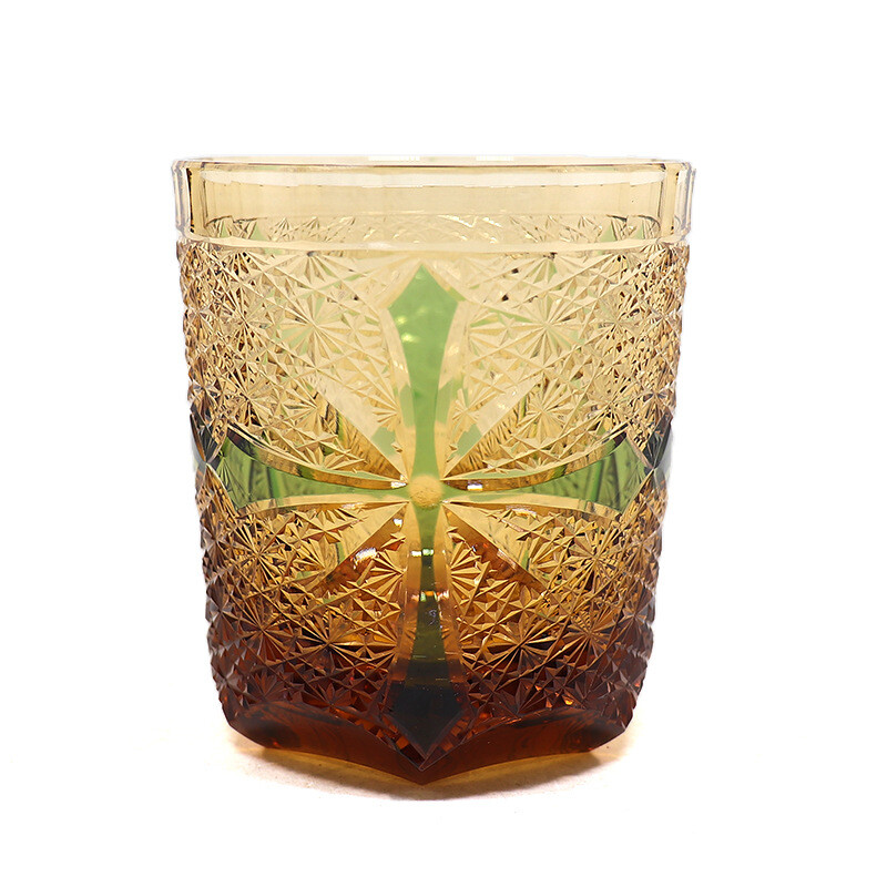 Hand Cut Whiskey Glass Tumbler Cross And Chrysanthemum Drinkware 9oz Green