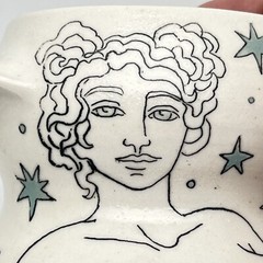 Michele Dross Ceramics Hand Made Art Pottery Mug Cup Woman In The Stars BluGreen