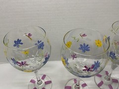 Hand Painted Clear Stemmed Goblets – Flowers & Dragonflies – 8.5” T – Preowned