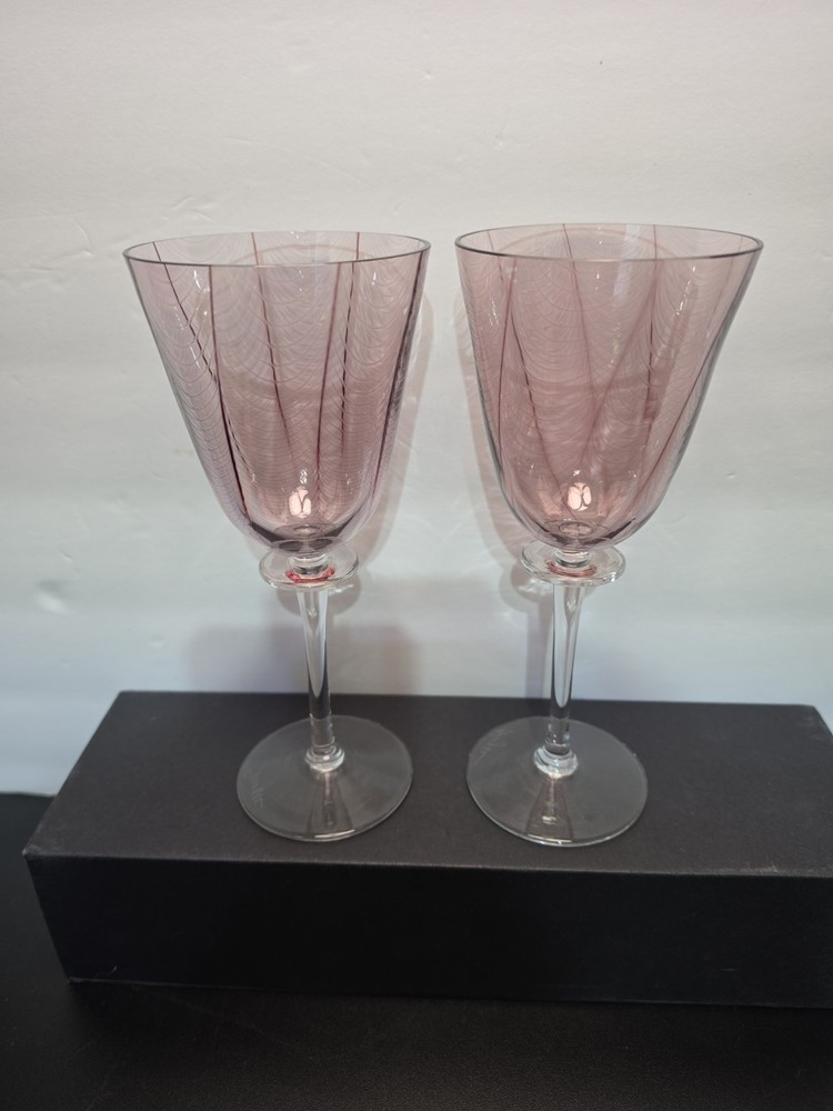 2 STEPHEN SMYERS HAND BLOWN ART GLASS WINE GLASS PULLED FEATHER Pink