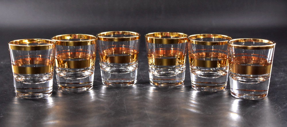Vintage Shot Glasses Clear Glass with Gold Rim & Gold Rings Set of 6