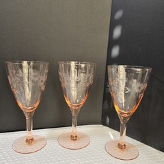 VTG Depression Glass Wine Goblets Set of 3 Etched Ribbed Rambler Rose Pink 7in