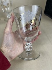 Set of 5 Linnet Goblet Gold Bow & Rim Frosted Flowers Bubble Stem Base 5.5″
