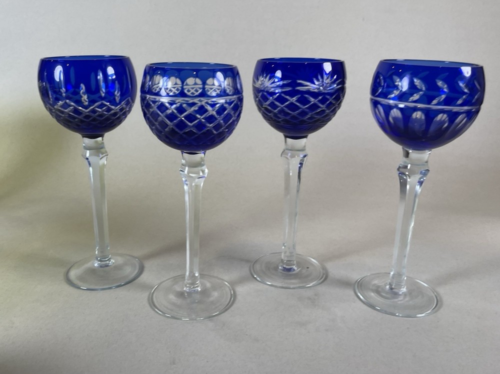 4 Cobalt Blue Cut To Clear Wine Glasses
