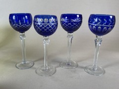 4 Cobalt Blue Cut To Clear Wine Glasses