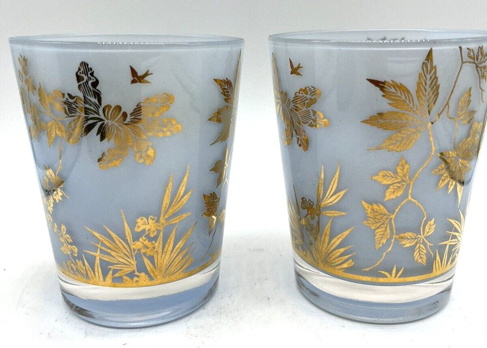 2 Vtg William Meier Double Old Fashioned Glasses Light Blue & Gold MCM Barware
