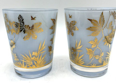 2 Vtg William Meier Double Old Fashioned Glasses Light Blue & Gold MCM Barware