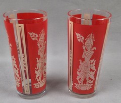 6 Vintage Culver Glass Mandaly Red Siam Thai Goddess Drinking Glasses 16 oz