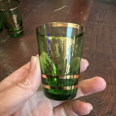 Czechoslovakia Bohemian Glassware Cordial Set Green with Gold Deer And Cat Tails