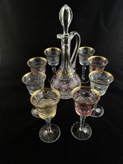 Ebeling and Reuss Hand-Blown German Crystal Decanter Set 8 Colorful Wine Glasses