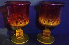 Pair LG Wright Daisy & Cube Goblets Amberina Orange Glow In Black Light 5.75″ T