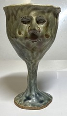 Green/Gray Pottery Face Goblet Cup Glossy Glaze Decorative 6 inch Impressed