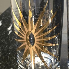 Vintage Fred Press Atomic Sunburst Glasses Black 22K Gold Barware Set MCM 6 cups