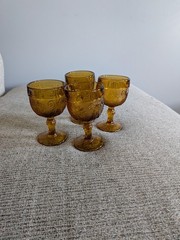 Set Of 4 Vintage Indiana Glass Sandwich Amber Water/Wine Cups 4.5″ Tall