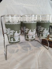 6 Vintage Wedgwood Green Jeanette Jasperware Grecian Highball Glasses & Bowl