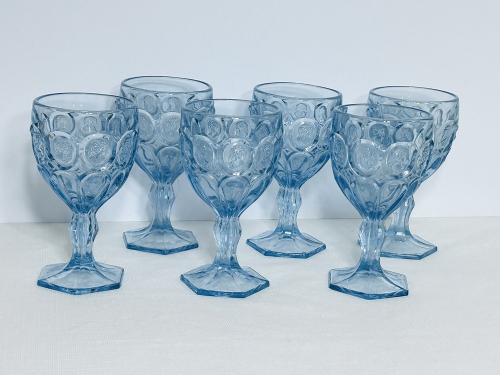 Vintage Wine Glasses/Goblets Set Of 6 Blue Cameo Girls Small Chips See Pic